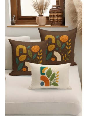 Bertille Home Çift Tarafı Dijital Baskılı  3'lü Kırlent Kılıfı Seti (Panç /punch Nakış Desen Görünümlü)