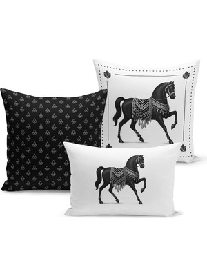 Bertille Home Klasik At Serisi Çift Tarafı Dijital Baskılı  3'lü Kırlent Kılıfı Seti (Horse)