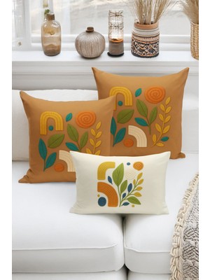 Bertille Home Çift Tarafı Dijital Baskılı  3'lü Kırlent Kılıfı Seti (Panç /punch Nakış Desen Görünümlü)