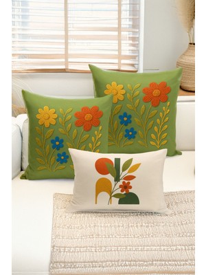 Bertille Home Çift Tarafı Dijital Baskılı  3'lü Kırlent Kılıfı Seti (Panç /punch Nakış Desen Görünümlü)