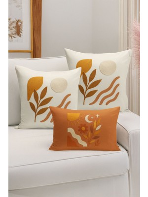 Bertille Home Çift Tarafı Dijital Baskılı  3'lü Kırlent Kılıfı Seti (Panç /punch Nakış Desen Görünümlü)