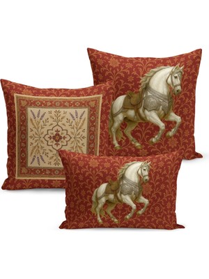 Bertille Home Klasik At Serisi Çift Tarafı Dijital Baskılı  3'lü Kırlent Kılıfı Seti (Horse)