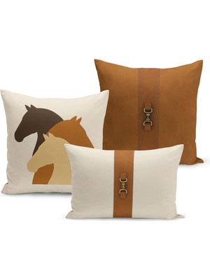 Bertille Home Klasik At Serisi Çift Tarafı Dijital Baskılı  3'lü Kırlent Kılıfı Seti (Horse)