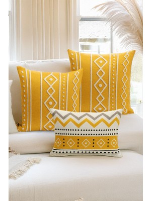 Bertille Home Çift Tarafı Dijital Baskılı  3'lü Kırlent Kılıfı Seti (Panç /punch Nakış Desen Görünümlü)