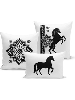 Bertille Home Klasik At Serisi Çift Tarafı Dijital Baskılı  3'lü Kırlent Kılıfı Seti (Horse)