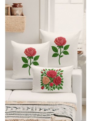 Bertille Home Çift Tarafı Dijital Baskılı  3'lü Kırlent Kılıfı Seti (Panç /punch Nakış Desen Görünümlü)