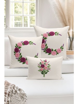 Bertille Home Çift Tarafı Dijital Baskılı  3'lü Kırlent Kılıfı Seti (Panç /punch Nakış Desen Görünümlü)