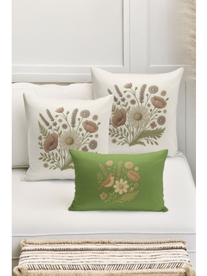 Bertille Home Çift Tarafı Dijital Baskılı  3'lü Kırlent Kılıfı Seti (Panç /punch Nakış Desen Görünümlü)