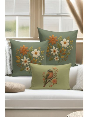 Bertille Home Çift Tarafı Dijital Baskılı  3'lü Kırlent Kılıfı Seti (Panç /punch Nakış Desen Görünümlü)