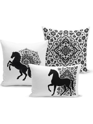 Bertille Home Klasik At Serisi Çift Tarafı Dijital Baskılı  3'lü Kırlent Kılıfı Seti (Horse)