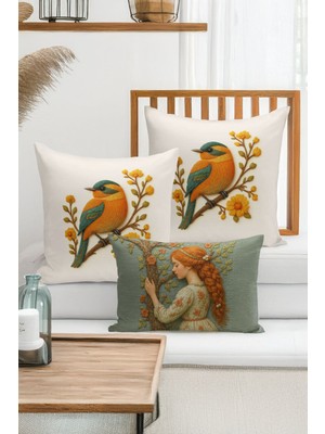 Bertille Home Çift Tarafı Dijital Baskılı  3'lü Kırlent Kılıfı Seti (Panç /punch Nakış Desen Görünümlü)