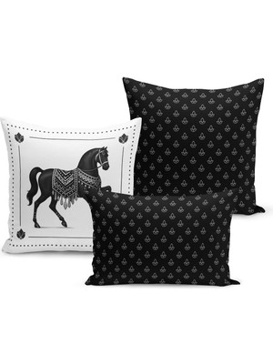 Bertille Home Klasik At Serisi Çift Tarafı Dijital Baskılı  3'lü Kırlent Kılıfı Seti (Horse)