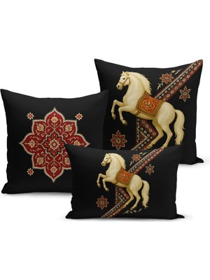 Bertille Home Klasik At Serisi Çift Tarafı Dijital Baskılı  3'lü Kırlent Kılıfı Seti (Horse)