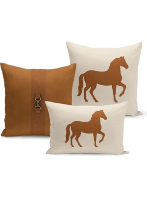 Bertille Home Klasik At Serisi Çift Tarafı Dijital Baskılı  3'lü Kırlent Kılıfı Seti (Horse)