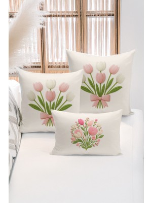 Bertille Home Çift Tarafı Dijital Baskılı  3'lü Kırlent Kılıfı Seti (Panç /punch Nakış Desen Görünümlü)