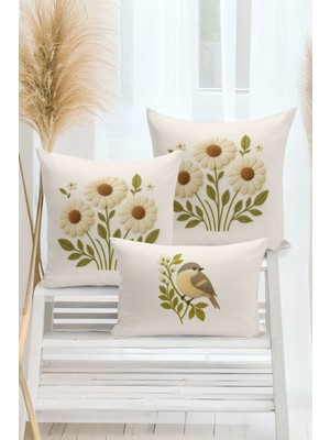 Bertille Home Çift Tarafı Dijital Baskılı  3'lü Kırlent Kılıfı Seti (Panç /punch Nakış Desen Görünümlü)