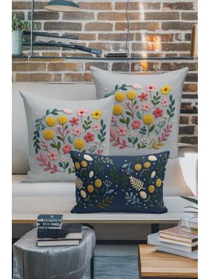 Bertille Home Çift Tarafı Dijital Baskılı  3'lü Kırlent Kılıfı Seti (Panç /punch Nakış Desen Görünümlü)