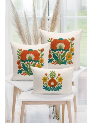 Bertille Home Çift Tarafı Dijital Baskılı  3'lü Kırlent Kılıfı Seti (Panç /punch Nakış Desen Görünümlü)