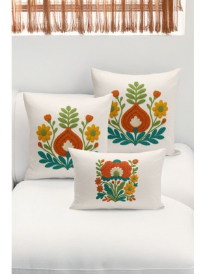 Bertille Home Çift Tarafı Dijital Baskılı  3'lü Kırlent Kılıfı Seti (Panç /punch Nakış Desen Görünümlü)