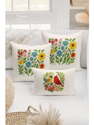 Bertille Home Çift Tarafı Dijital Baskılı  3'lü Kırlent Kılıfı Seti (Panç /punch Nakış Desen Görünümlü)