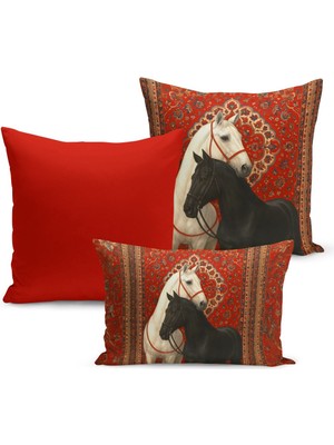 Bertille Home Klasik At Serisi Çift Tarafı Dijital Baskılı  3'lü Kırlent Kılıfı Seti (Horse)