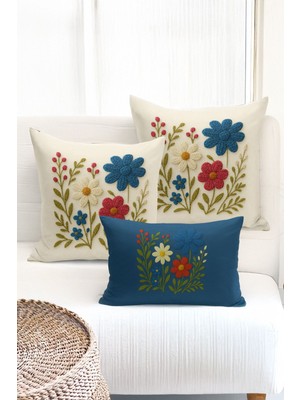 Bertille Home Çift Tarafı Dijital Baskılı  3'lü Kırlent Kılıfı Seti (Panç /punch Nakış Desen Görünümlü)