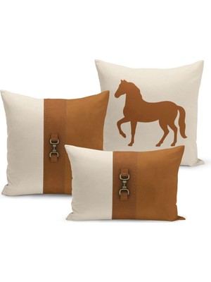 Bertille Home Klasik At Serisi Çift Tarafı Dijital Baskılı  3'lü Kırlent Kılıfı Seti (Horse)