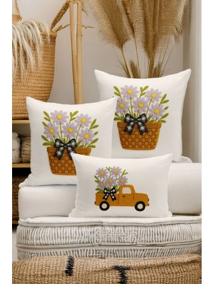 Bertille Home Çift Tarafı Dijital Baskılı  3'lü Kırlent Kılıfı Seti (Panç /punch Nakış Desen Görünümlü)