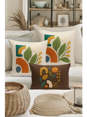 Bertille Home Çift Tarafı Dijital Baskılı  3'lü Kırlent Kılıfı Seti (Panç /punch Nakış Desen Görünümlü)