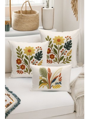Bertille Home Çift Tarafı Dijital Baskılı  3'lü Kırlent Kılıfı Seti (Panç /punch Nakış Desen Görünümlü)