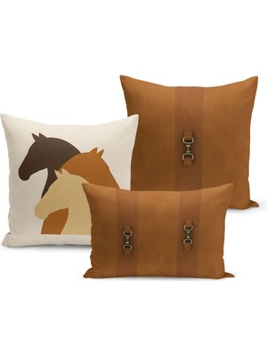 Bertille Home Klasik At Serisi Çift Tarafı Dijital Baskılı  3'lü Kırlent Kılıfı Seti (Horse)