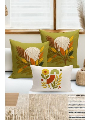 Bertille Home Çift Tarafı Dijital Baskılı  3'lü Kırlent Kılıfı Seti (Panç /punch Nakış Desen Görünümlü)