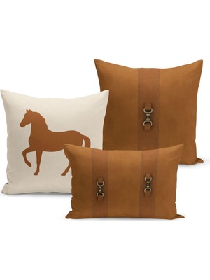 Bertille Home Klasik At Serisi Çift Tarafı Dijital Baskılı  3'lü Kırlent Kılıfı Seti (Horse)