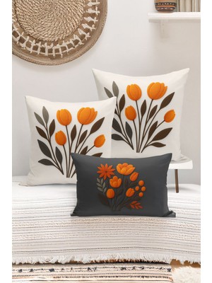 Bertille Home Çift Tarafı Dijital Baskılı  3'lü Kırlent Kılıfı Seti (Panç /punch Nakış Desen Görünümlü)