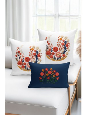 Bertille Home Çift Tarafı Dijital Baskılı  3'lü Kırlent Kılıfı Seti (Panç /punch Nakış Desen Görünümlü)