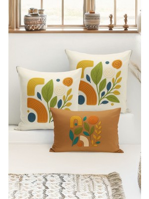 Bertille Home Çift Tarafı Dijital Baskılı  3'lü Kırlent Kılıfı Seti (Panç /punch Nakış Desen Görünümlü)