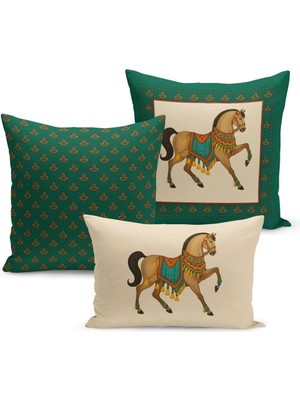 Bertille Home Klasik At Serisi Çift Tarafı Dijital Baskılı  3'lü Kırlent Kılıfı Seti (Horse)