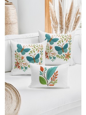 Bertille Home Çift Tarafı Dijital Baskılı  3'lü Kırlent Kılıfı Seti (Panç /punch Nakış Desen Görünümlü)