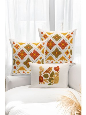 Bertille Home Çift Tarafı Dijital Baskılı  3'lü Kırlent Kılıfı Seti (Panç /punch Nakış Desen Görünümlü)