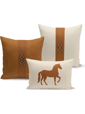 Bertille Home Klasik At Serisi Çift Tarafı Dijital Baskılı  3'lü Kırlent Kılıfı Seti (Horse)