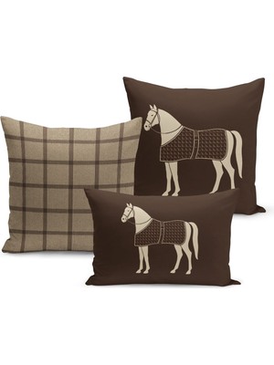 Bertille Home Klasik At Serisi Çift Tarafı Dijital Baskılı  3'lü Kırlent Kılıfı Seti (Horse)