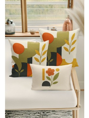 Bertille Home Çift Tarafı Dijital Baskılı  3'lü Kırlent Kılıfı Seti (Panç /punch Nakış Desen Görünümlü)