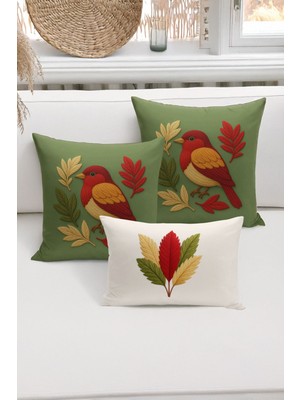 Bertille Home Çift Tarafı Dijital Baskılı  3'lü Kırlent Kılıfı Seti (Panç /punch Nakış Desen Görünümlü)