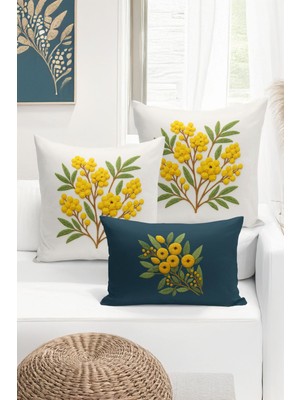 Bertille Home Çift Tarafı Dijital Baskılı  3'lü Kırlent Kılıfı Seti (Panç /punch Nakış Desen Görünümlü)