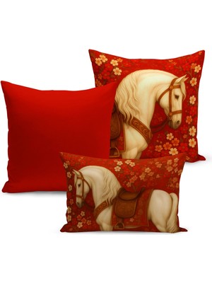Bertille Home Klasik At Serisi Çift Tarafı Dijital Baskılı  3'lü Kırlent Kılıfı Seti (Horse)
