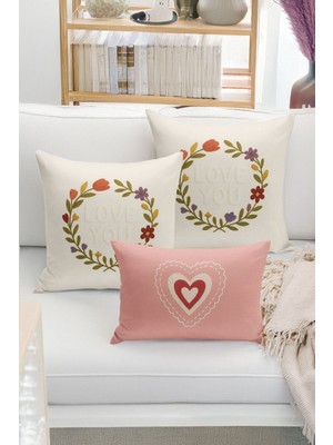 Bertille Home Çift Tarafı Dijital Baskılı  3'lü Kırlent Kılıfı Seti (Panç /punch Nakış Desen Görünümlü)
