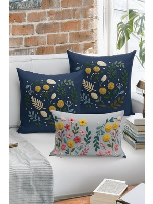 Bertille Home Çift Tarafı Dijital Baskılı  3'lü Kırlent Kılıfı Seti (Panç /punch Nakış Desen Görünümlü)