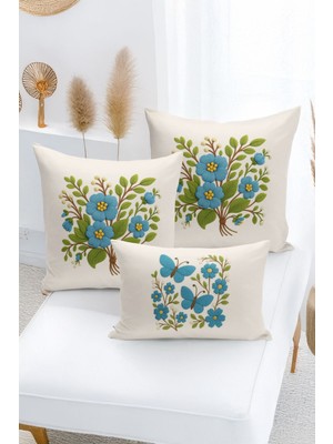 Bertille Home Çift Tarafı Dijital Baskılı  3'lü Kırlent Kılıfı Seti (Panç /punch Nakış Desen Görünümlü)