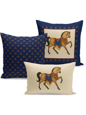 Bertille Home Klasik At Serisi Çift Tarafı Dijital Baskılı  3'lü Kırlent Kılıfı Seti (Horse)