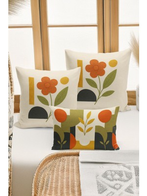 Bertille Home Çift Tarafı Dijital Baskılı  3'lü Kırlent Kılıfı Seti (Panç /punch Nakış Desen Görünümlü)